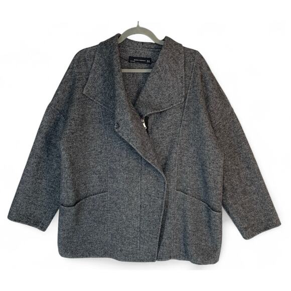 Zara Woman Draped Wool Coat M Gray Asymmetric Lapel Biker Style Handmade - Picture 1 of 10